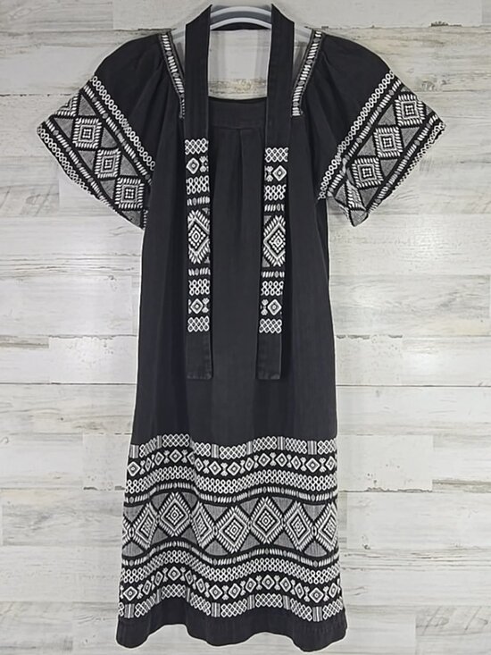 Maya Dresses & Skirts - MAYA Guatemala Embroidered Black Cotton Dress Tunic SMALL Boho Folk Huipil Style